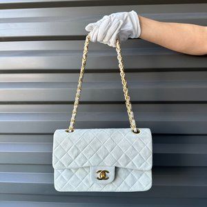 CHANEL Vintage 90s Suede Leather Gray Blue Small Classic Double Flap GHW